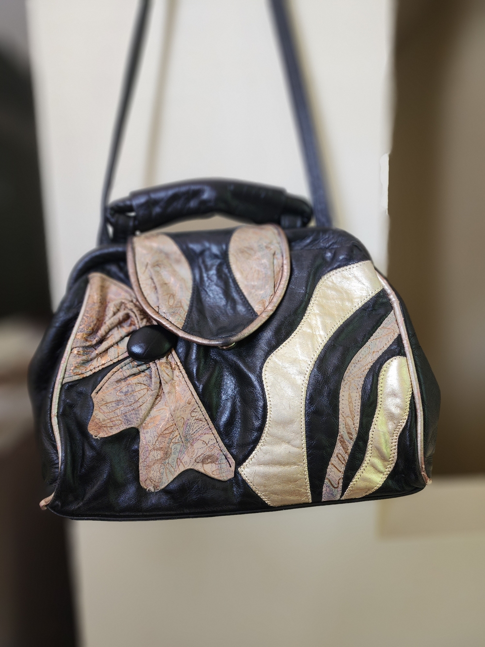 Vintage Stylecraft Leather Patchwork Metallic Gold, Black Shoulder Bag